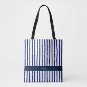 Tote Bag Monogramme Moderne Rayures Bleues et Blanches (Devant)