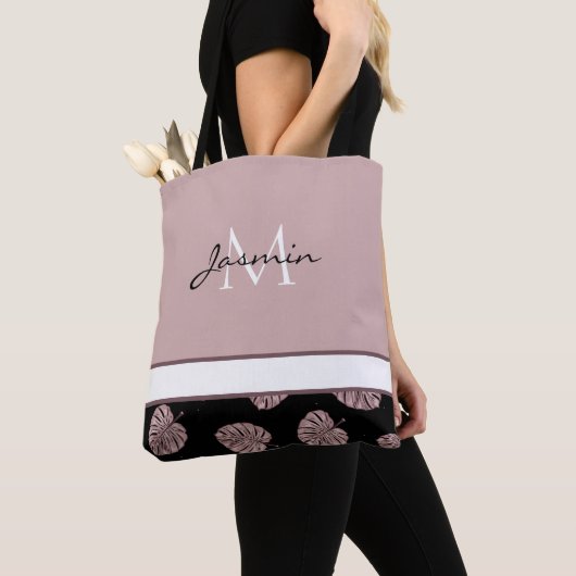 Tote Bag Monogramme Moderne Rose Pâle Feuille Tropicale (De près)