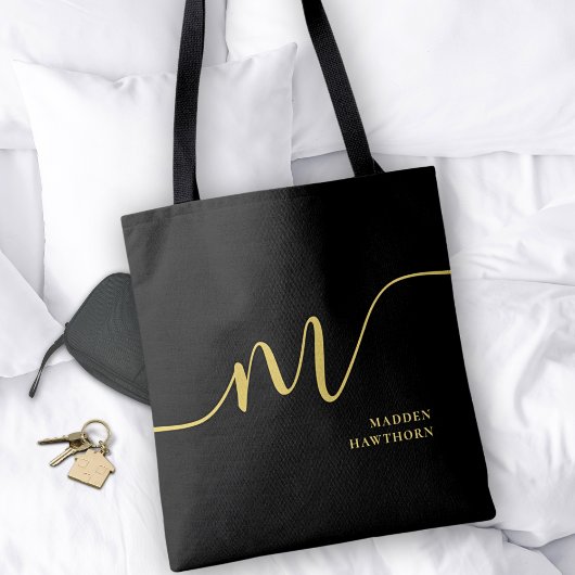 Tote Bag Monogramme moderne Script Calligraphie Black Gold 
