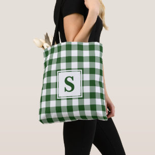Tote Bag Monogramme moderne vert et blanc En vichy Motif