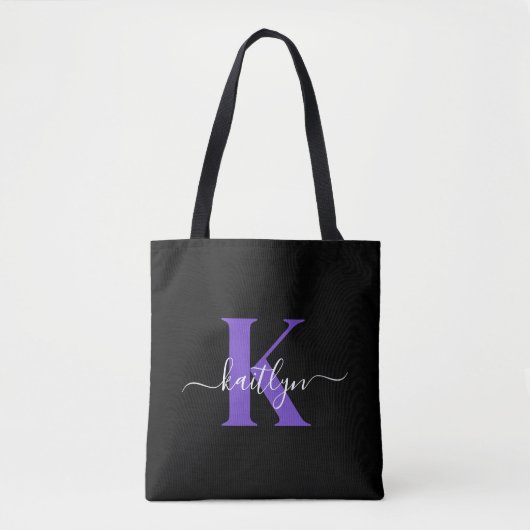 Tote Bag Monogramme Moderne Violet Noir Script (Devant)