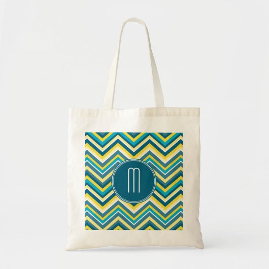 Tote Bag Monogramme Motif Chevron turquoise et jaune (Devant)