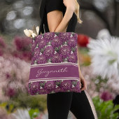 Tote Bag Monogramme Motif de Dahlia à franges violet et ros