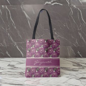 Tote Bag Monogramme Motif de Dahlia à franges violet et ros