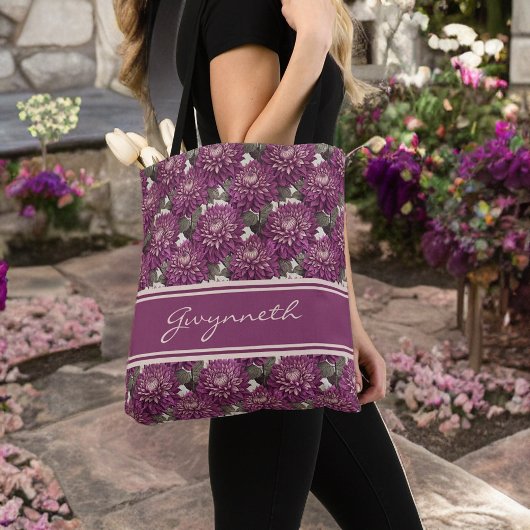 Tote Bag Monogramme Motif de Dahlia à franges violet et ros