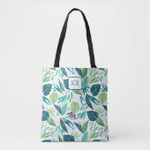 Tote Bag Monogramme Motif de feuilles vertes et blanches (Devant)