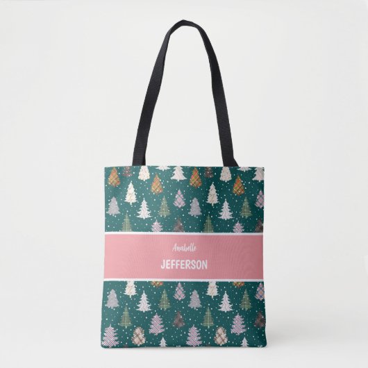 Tote Bag Monogramme motif des arbres de Noël à motif plaid (Devant)