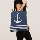 Tote Bag Monogramme nautique | Ancre Bleu Blancs (De près)