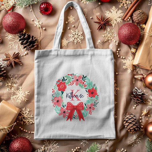 Tote Bag Monogramme Noël Vacances Rouge Rose Floral Wreath
