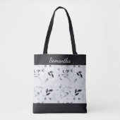 Tote Bag Monogramme Noir Blanc Argent Gris Feuilles Florale (Devant)