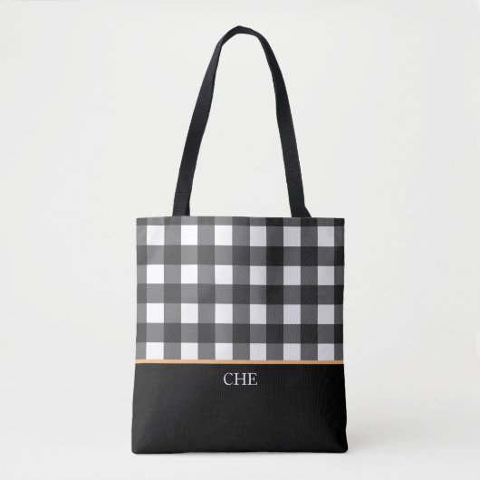 Tote Bag Monogramme noir blanc coché Plaid (Devant)