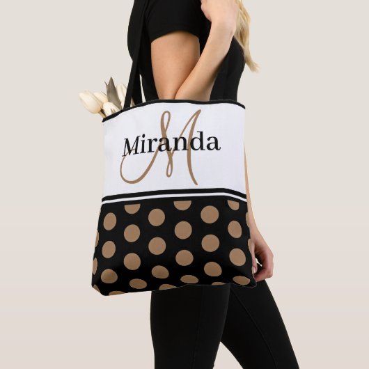 Tote Bag Monogramme noir blanc Polka Script (De près)