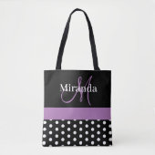 Tote Bag Monogramme noir blanc violet Écriture Points polka (Devant)