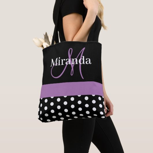 Tote Bag Monogramme noir blanc violet Écriture Points polka (De près)