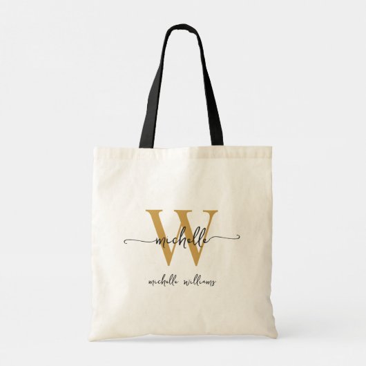 Tote Bag Monogramme noir élégant Nom Girly Script (Dos)