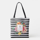 Tote Bag Monogramme noir et blanc Aquarelle Peony Flowers (Dos)