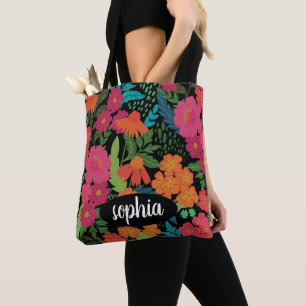 Tote Bag Monogramme noir floral coloré nom