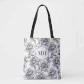 Tote Bag Monogramme noir Floral Elégant Fleurs Botaniques (Devant)