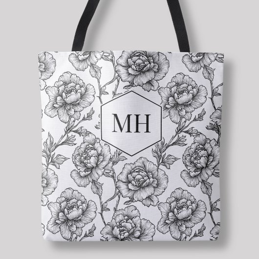 Tote Bag Monogramme noir Floral Elégant Fleurs Botaniques