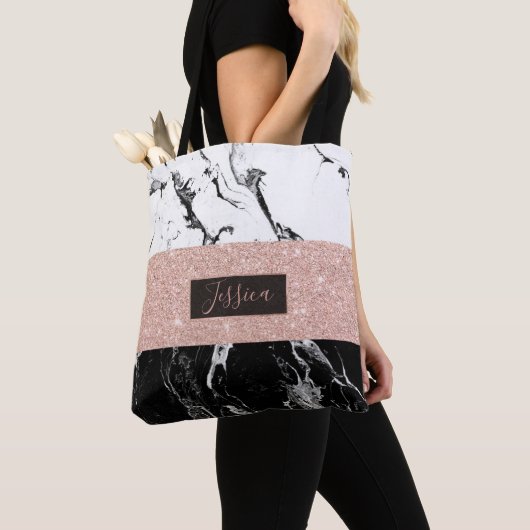 Tote Bag Monogramme noir marbre blanc rose rayures or (De près)