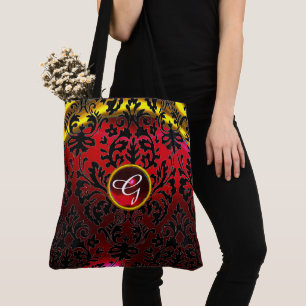 TOTE BAG MONOGRAMME NOIR ROUGE DE DAMASSÉ D'OR DE L'ART