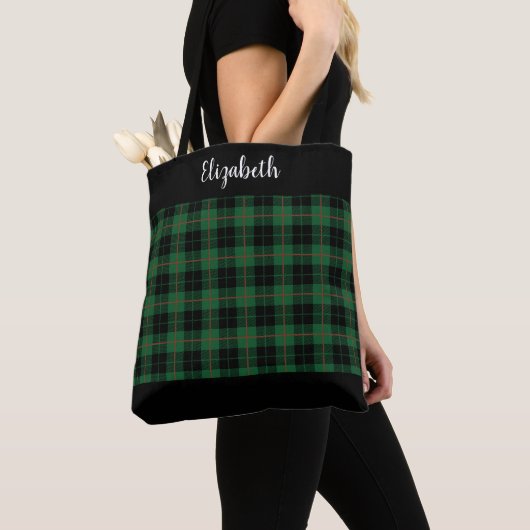 Tote Bag Monogramme Noir Vert Rouge Tartan Plaid Montre Pla (De près)