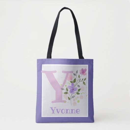 Tote Bag Monogramme & Nom avec Fleurs (Devant)