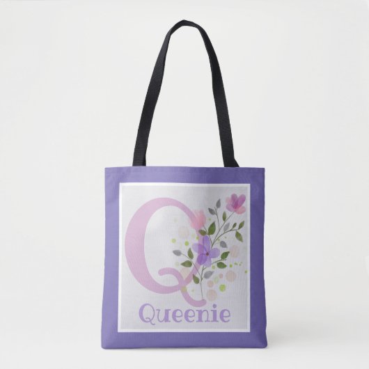 Tote Bag Monogramme & nom avec fleurs (Devant)