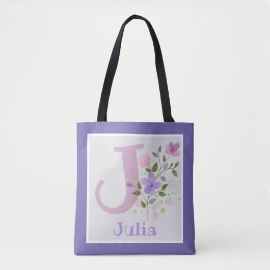 Tote Bag Monogramme & Nom avec Fleurs (Devant)