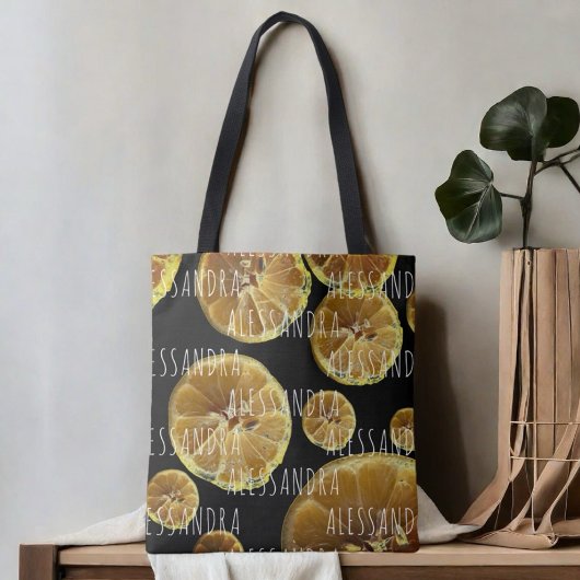 Tote Bag Monogramme nom citron tranches noir jaune blanc