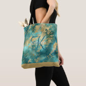Tote Bag Monogramme Nom Initial Turquoise Vert Marbre Doré (De près)