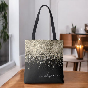 Tote Bag Monogramme Nom Paillettes Étincelles Fille Doré No