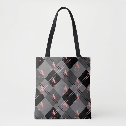 Tote Bag Monogramme Nom Plaid Motif gris rose noir (Devant)