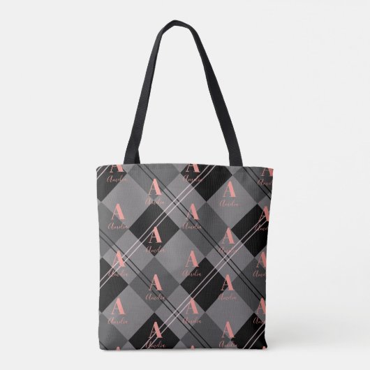 Tote Bag Monogramme Nom Plaid Motif gris rose noir (Dos)