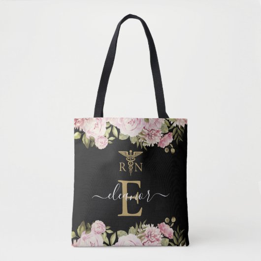 Tote Bag Monogramme Or Floral Infirmière inscrite T (Devant)