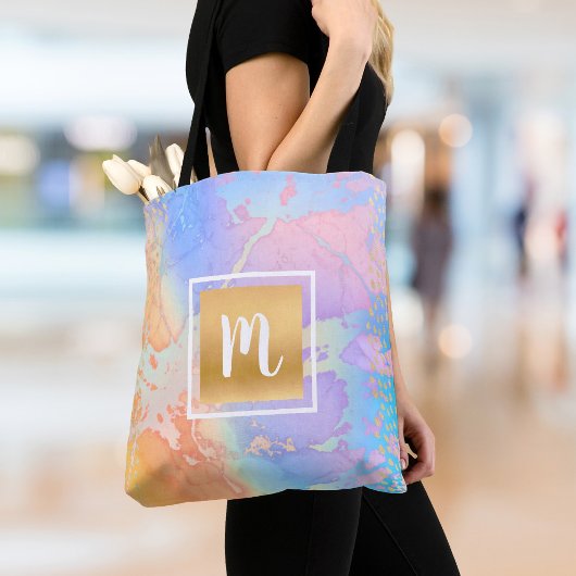 Tote Bag Monogramme or turquoise orange violet aquarelle