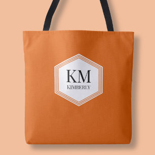 Tote Bag Monogramme Orange Moderne Élégant Simple Nom Perso