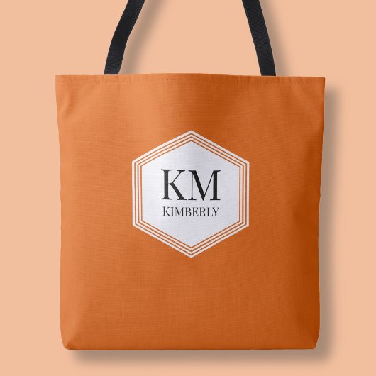 Tote Bag Monogramme Orange Moderne Élégant Simple Nom Perso