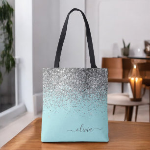 Tote Bag Monogramme Pailleté Fille Bleu Aqua Argenté