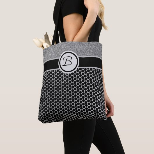 Tote Bag Monogramme Parties scintillant argent et noir mode (De près)