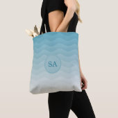 Tote Bag Monogramme Pastel Blue Waves Ombre (De près)