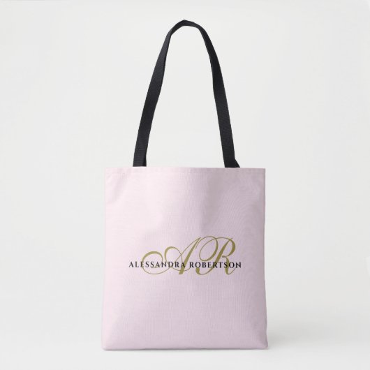 Tote Bag Monogramme pastel rose rose or noir élégant chic (Devant)
