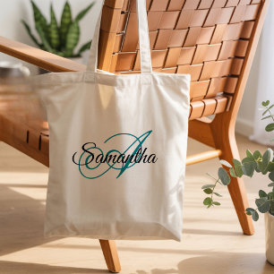 Tote Bag Monogramme personnalisé bleu sarcelle en écriture
