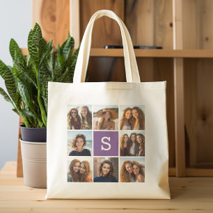 Tote Bag Monogramme personnalisé Eggplant et collage photo