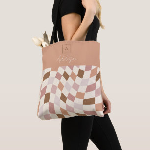 Tote Bag Monogramme personnalisé élégant à carreaux neutres