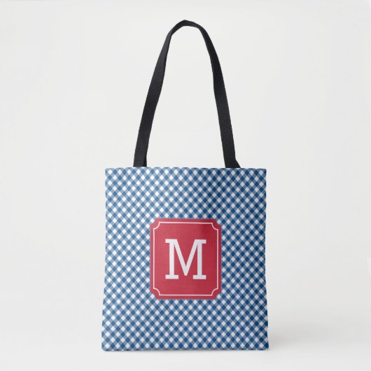 Tote Bag Monogramme personnalisé En vichy couleur bleu pays (Devant)