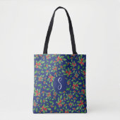 Tote Bag Monogramme personnalisé feuille de Noël bleu (Devant)