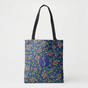 Tote Bag Monogramme personnalisé feuille de Noël bleu