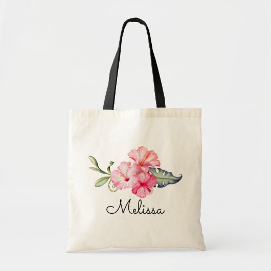 Tote Bag Monogramme personnalisé Hibiscus floral tropical (Devant)