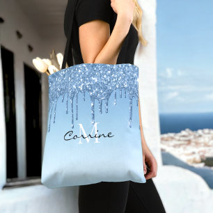 Tote Bag Monogramme personnalisé Ice Blue Parties scintill